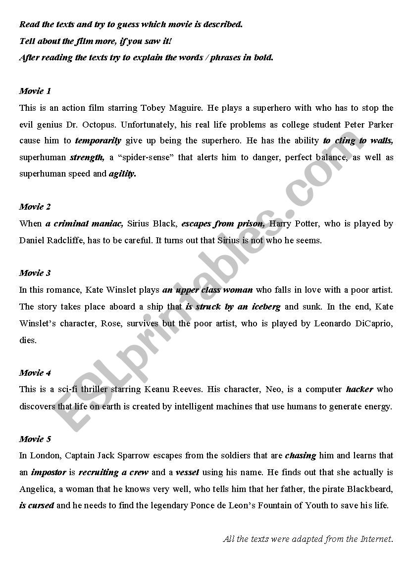 Movies guessing  worksheet