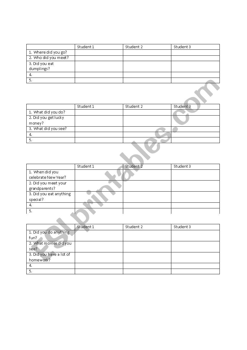 Back to School interview sheet