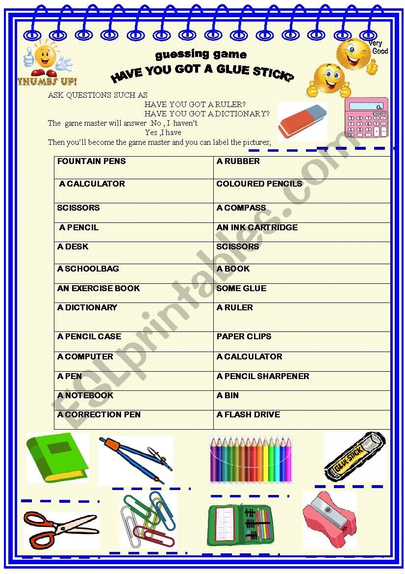 School things : guessing game worksheet