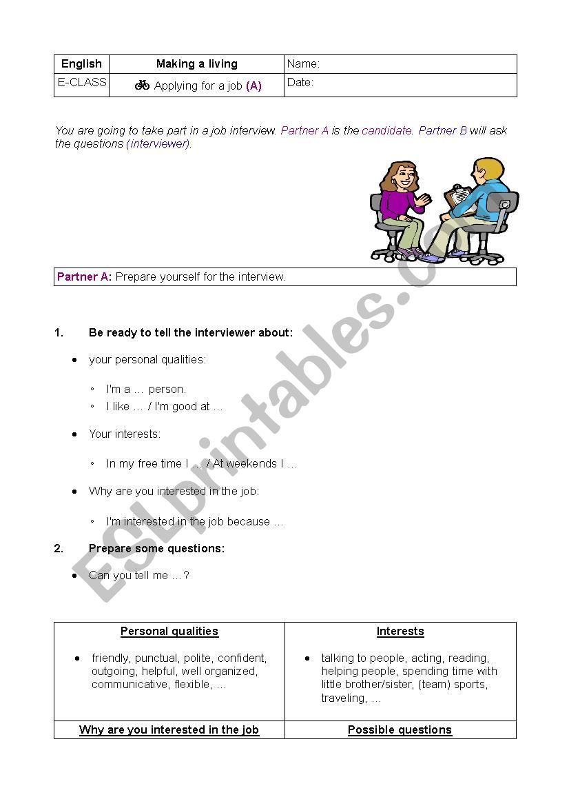 job interview (dialogues) worksheet