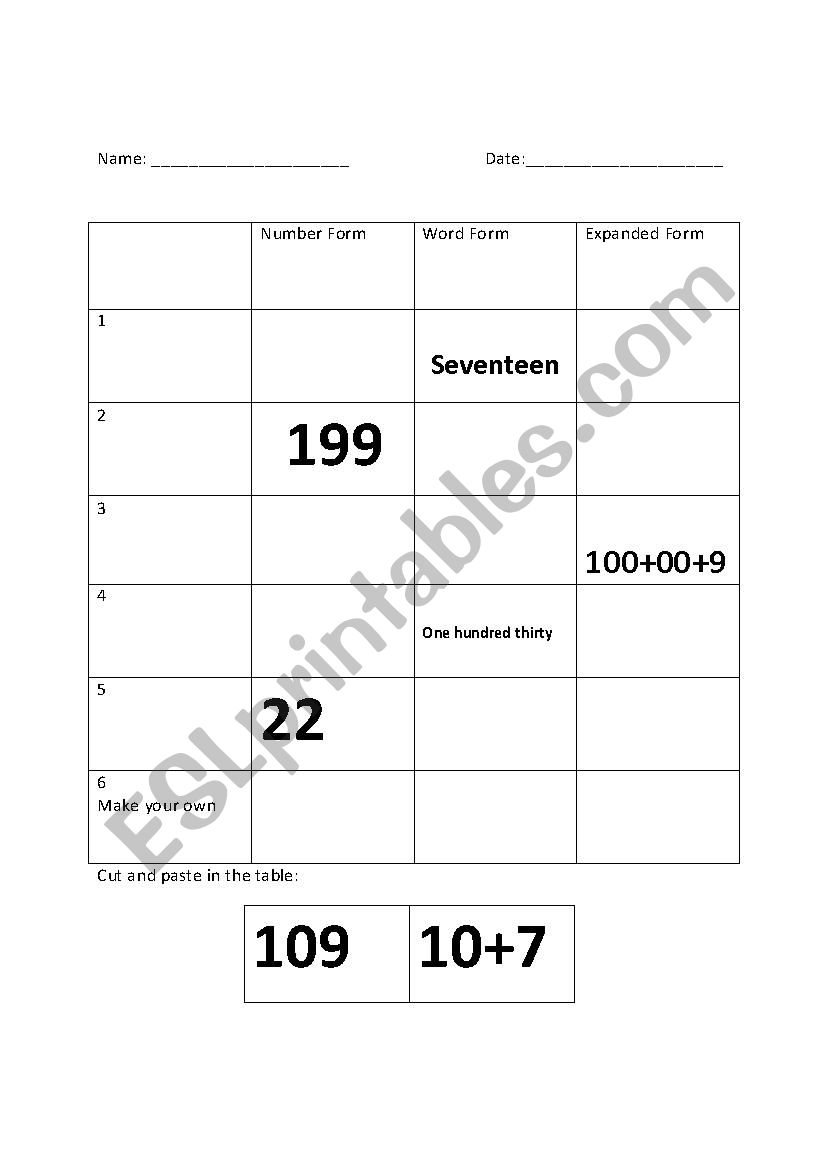 Numbers written form 0 to 199 worksheet