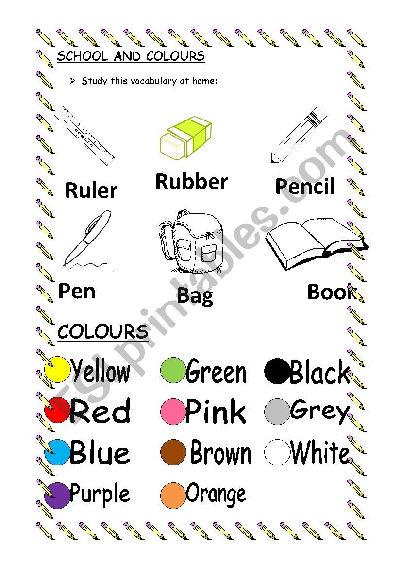 School objects and colours worksheet