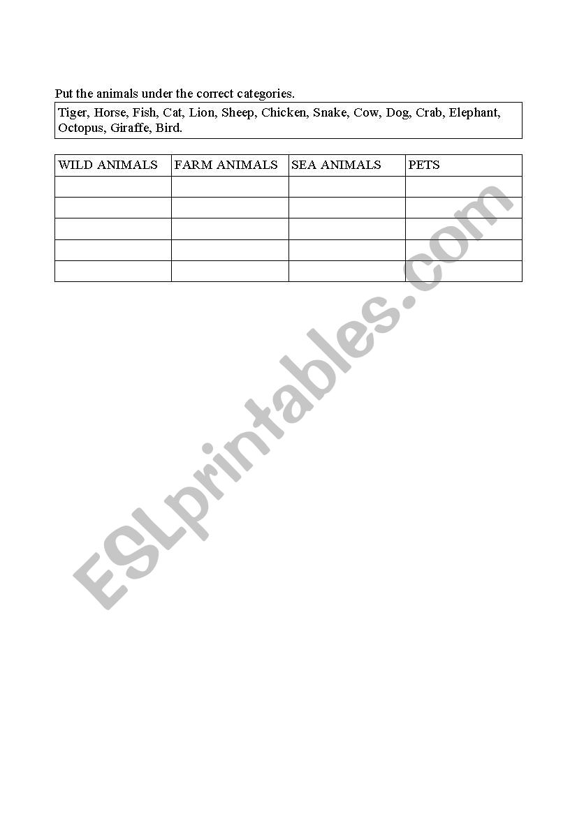 Classification of the Animals worksheet