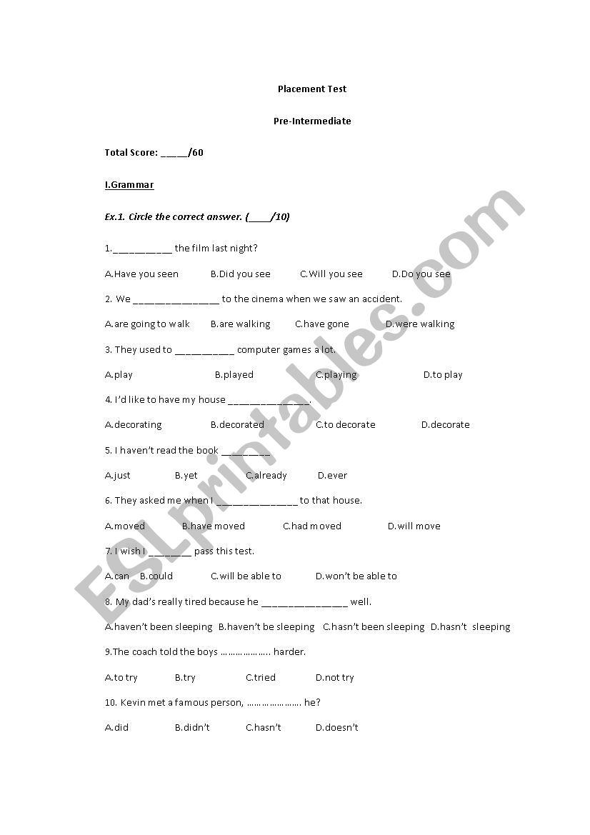 Pre-Intermediate Placement Test