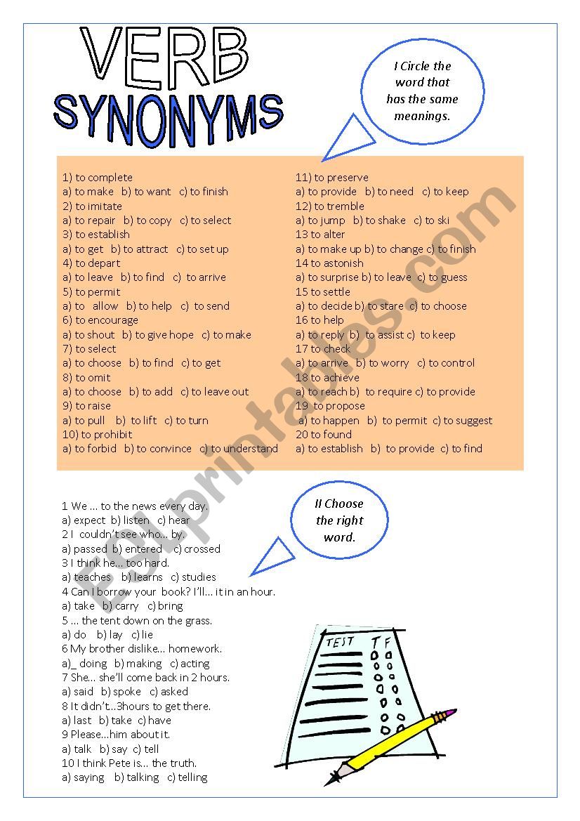 Verb synonyms  worksheet