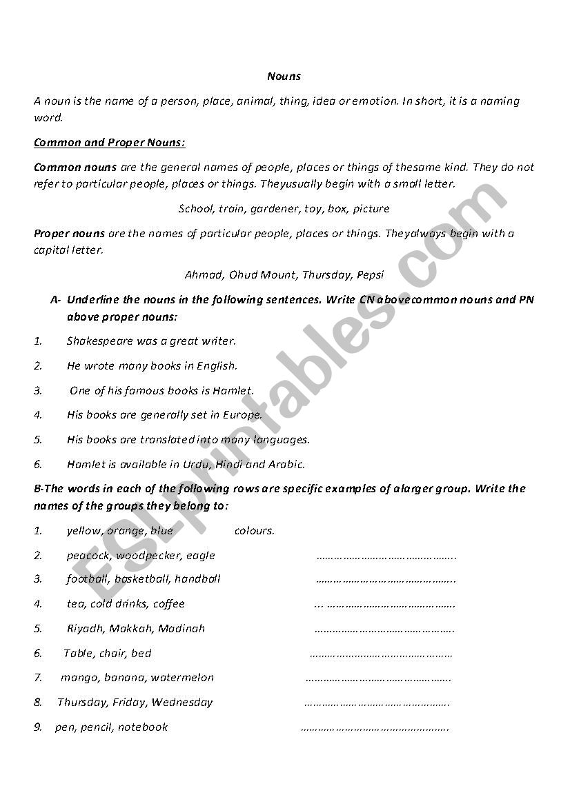 Nouns Proper and Common  worksheet