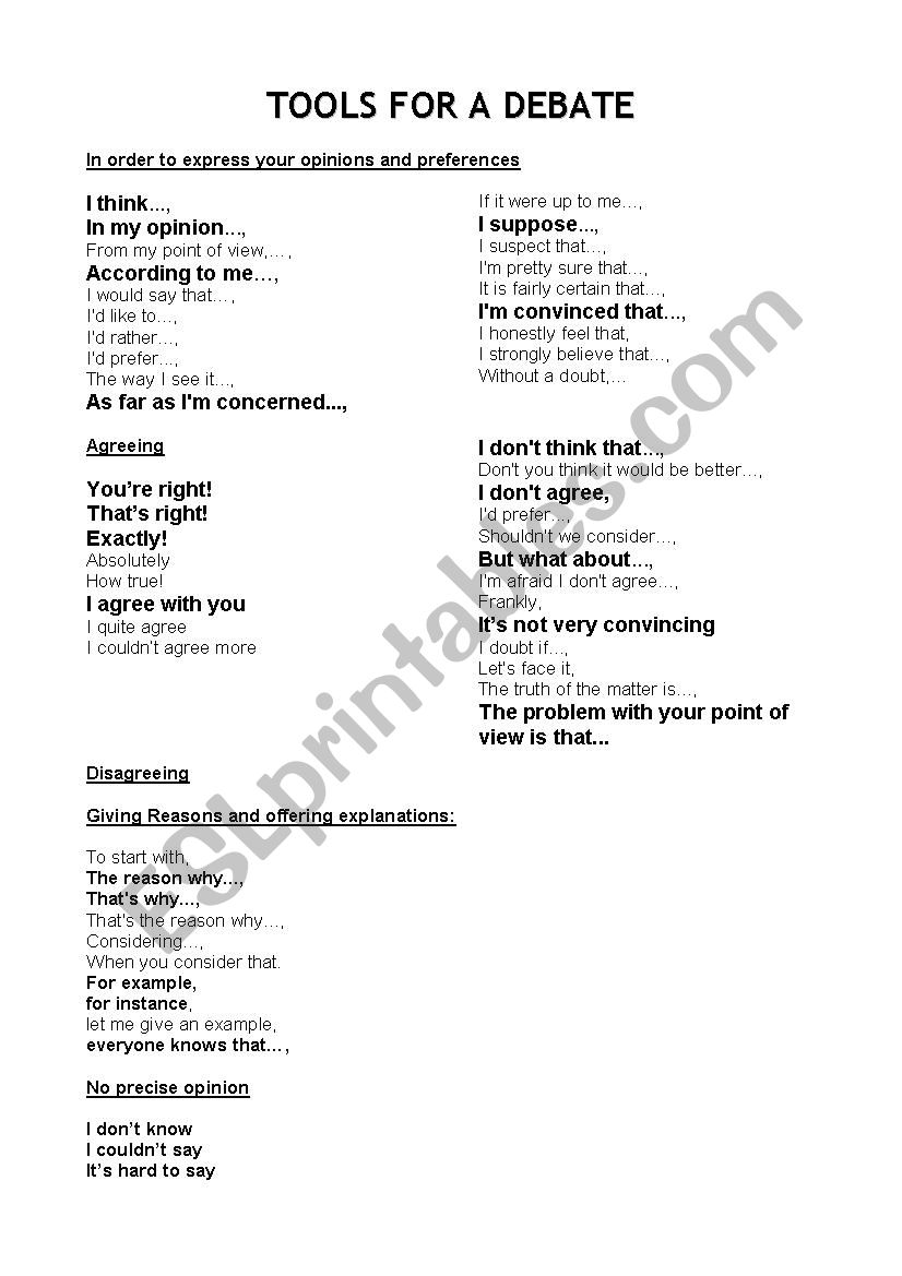 tools for debate worksheet