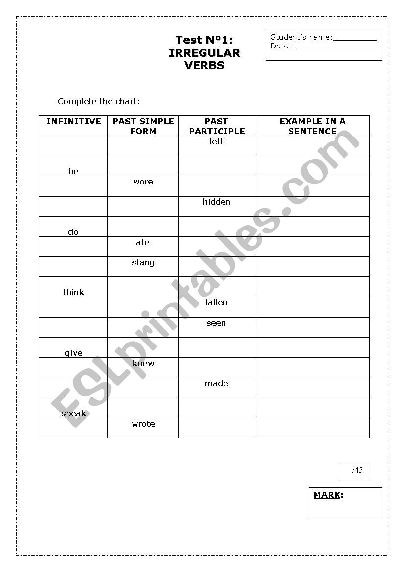 Test nÂ°1: Irregular verbs worksheet