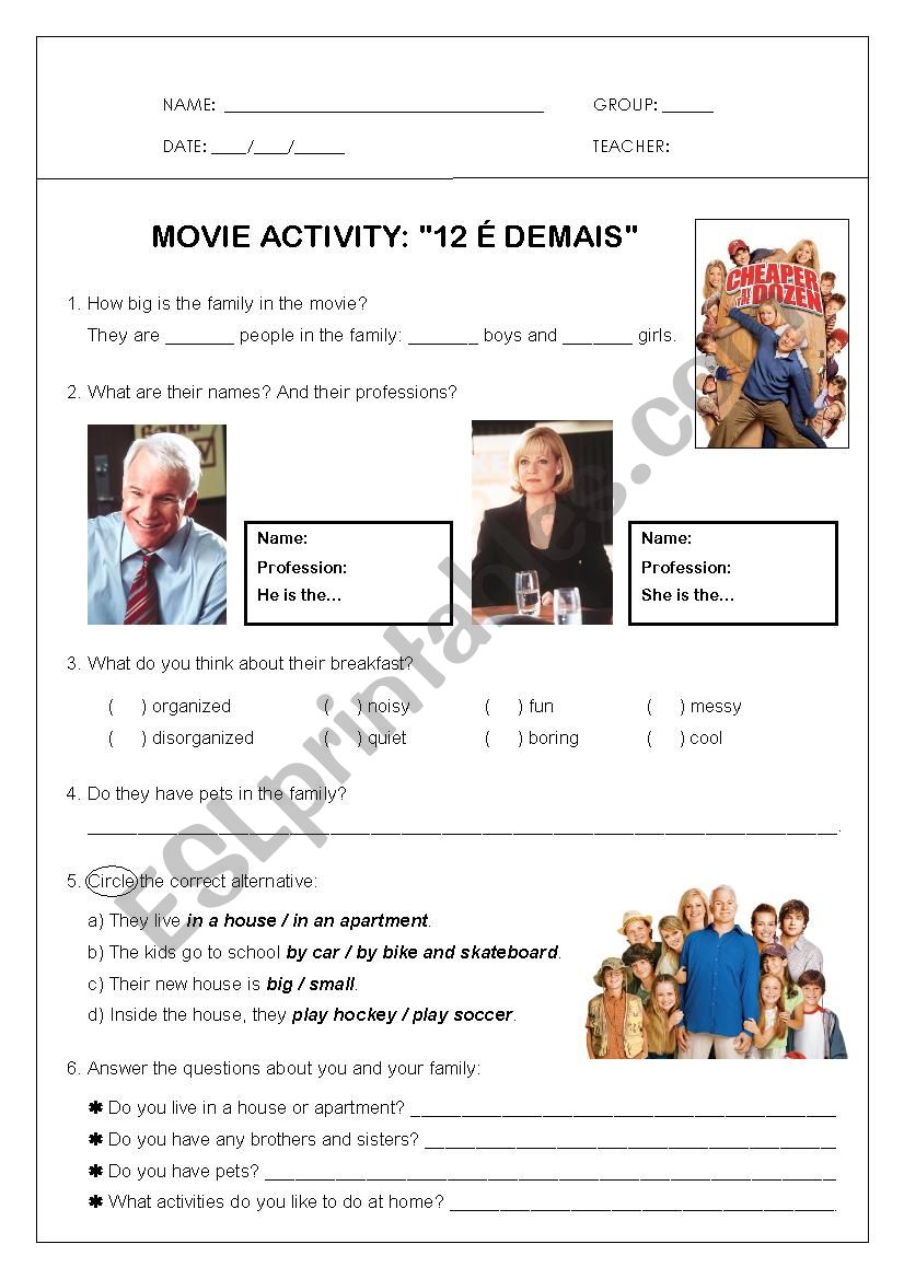 Movie activity: Cheaper by the Dozen