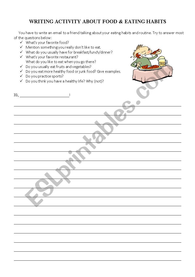 Writing activity about eating and habits