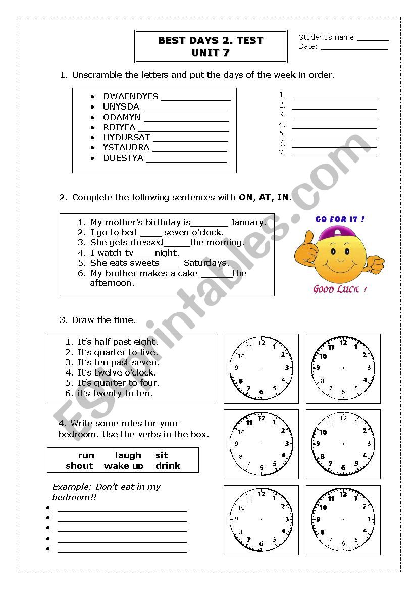 BEST DAYS 2. TEST.UNIT 7 worksheet