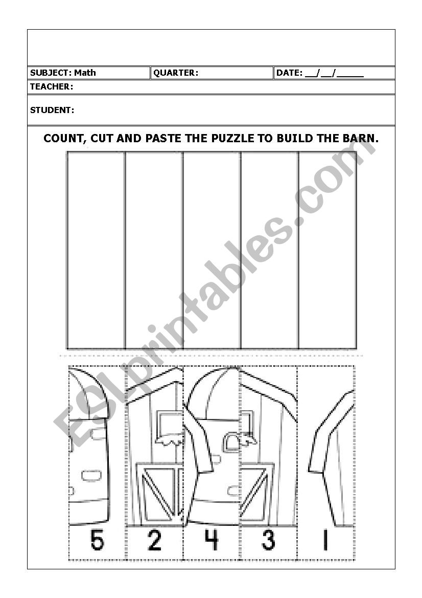 Count, cut and paste the puzzle to build the barn.