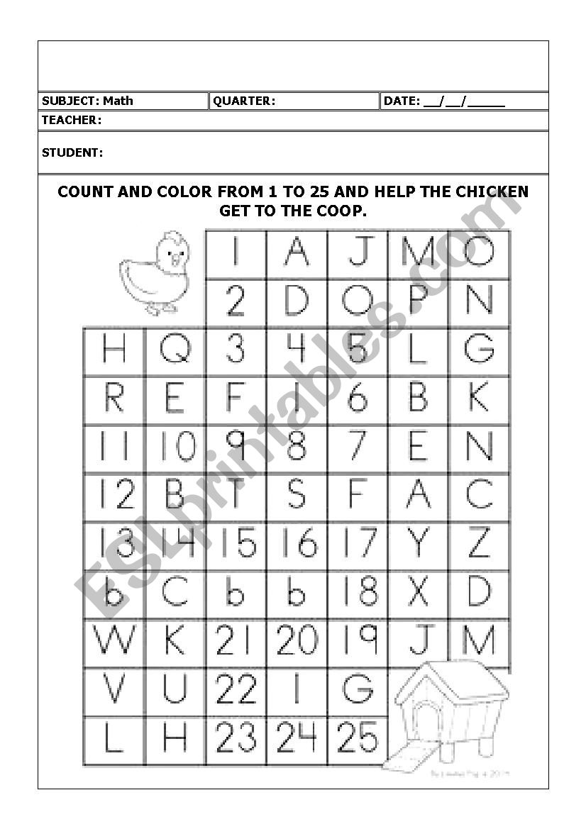 Count and color from 1 to 25 and help the chicken get to the coop