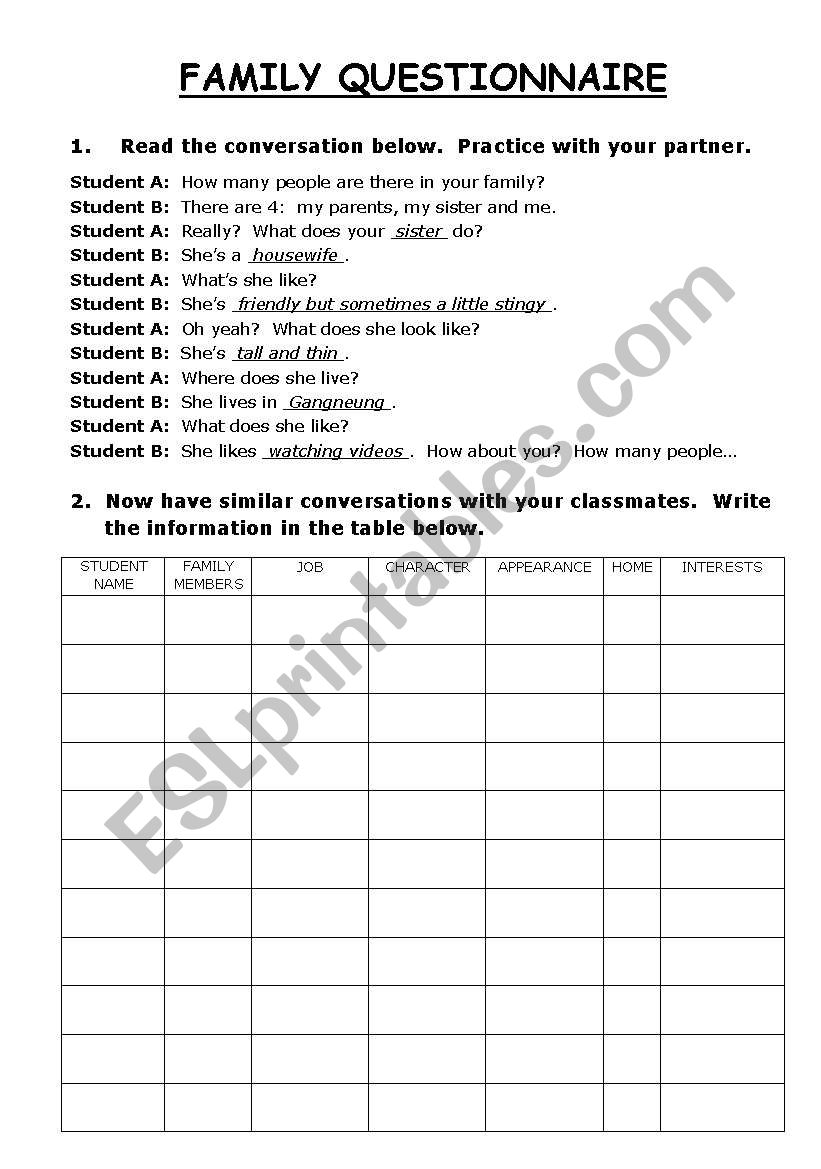 Family Questionnaire - Survey worksheet