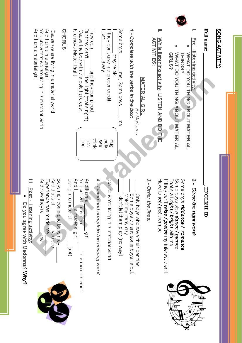 Material Girl_ song activity worksheet