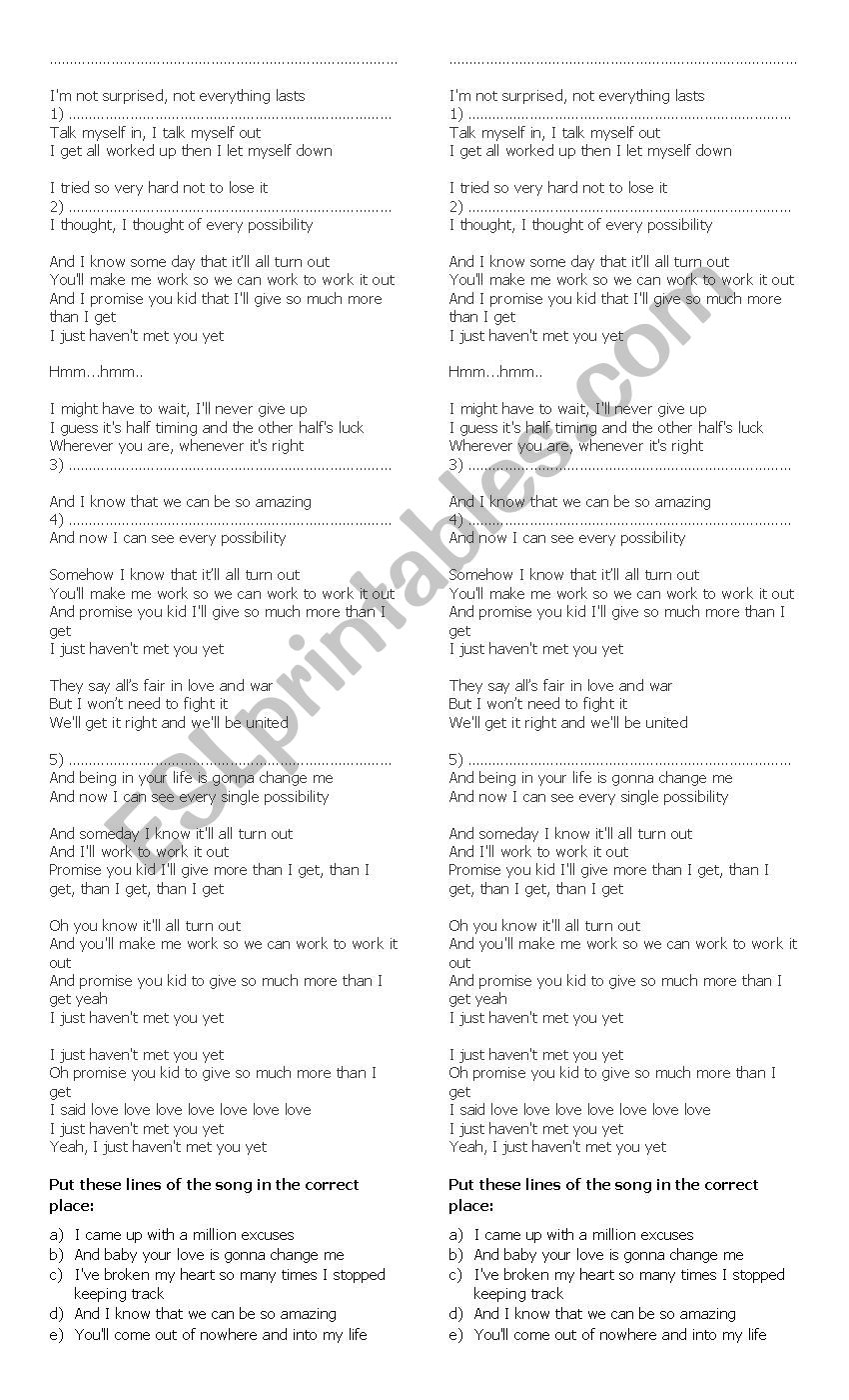 Song Havent met you yet worksheet