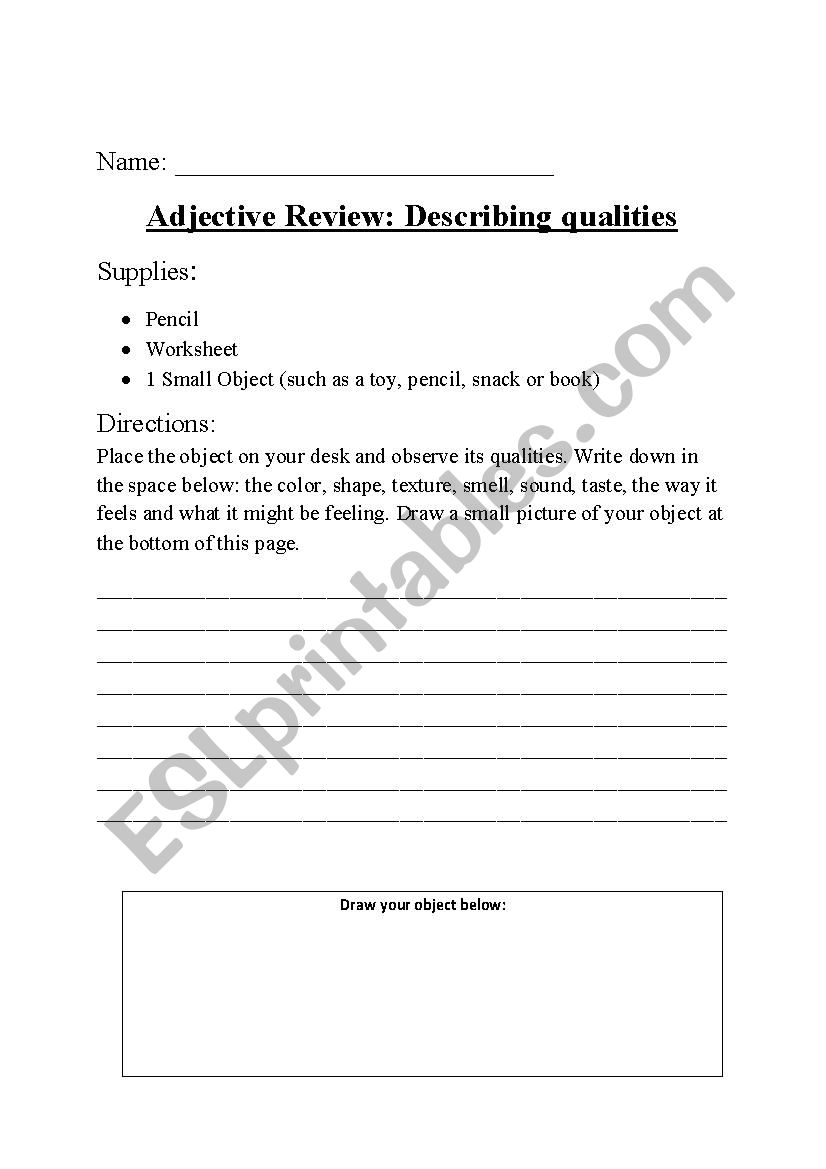 Adjective Descriptive Writing Exercise