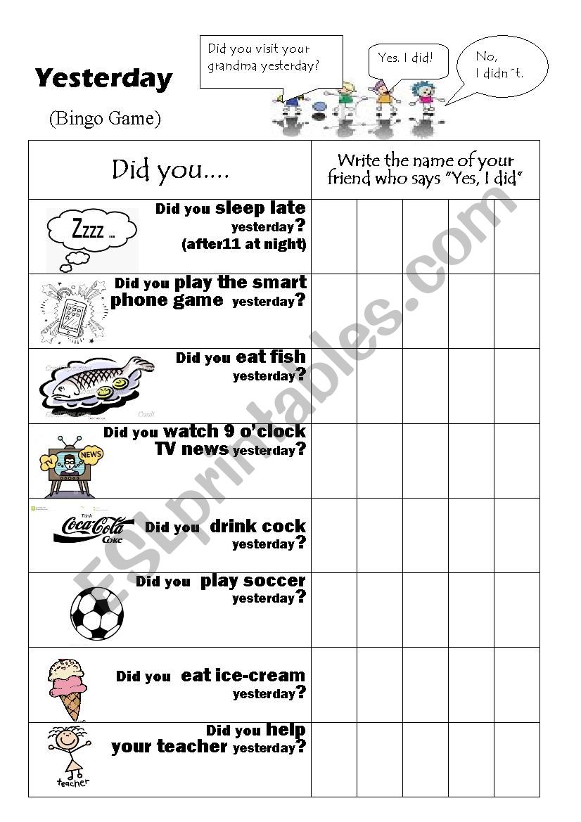 Did-you bingo game worksheet