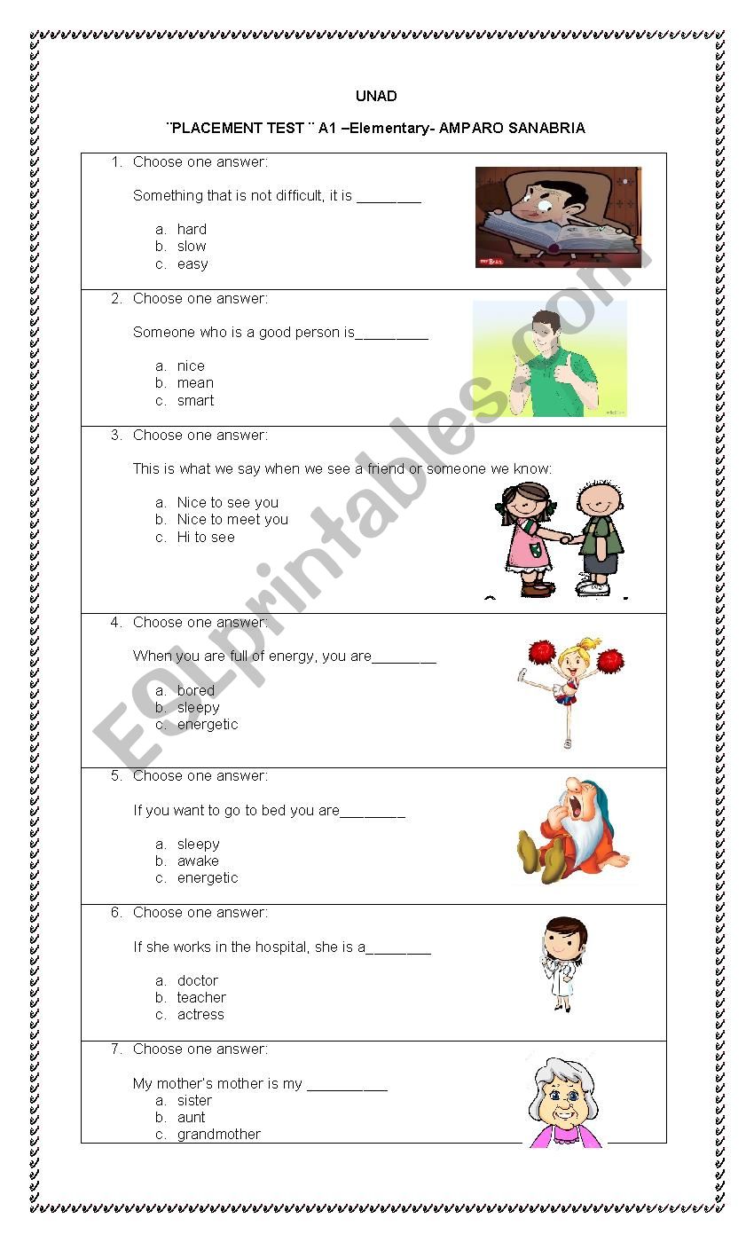 placement test worksheet