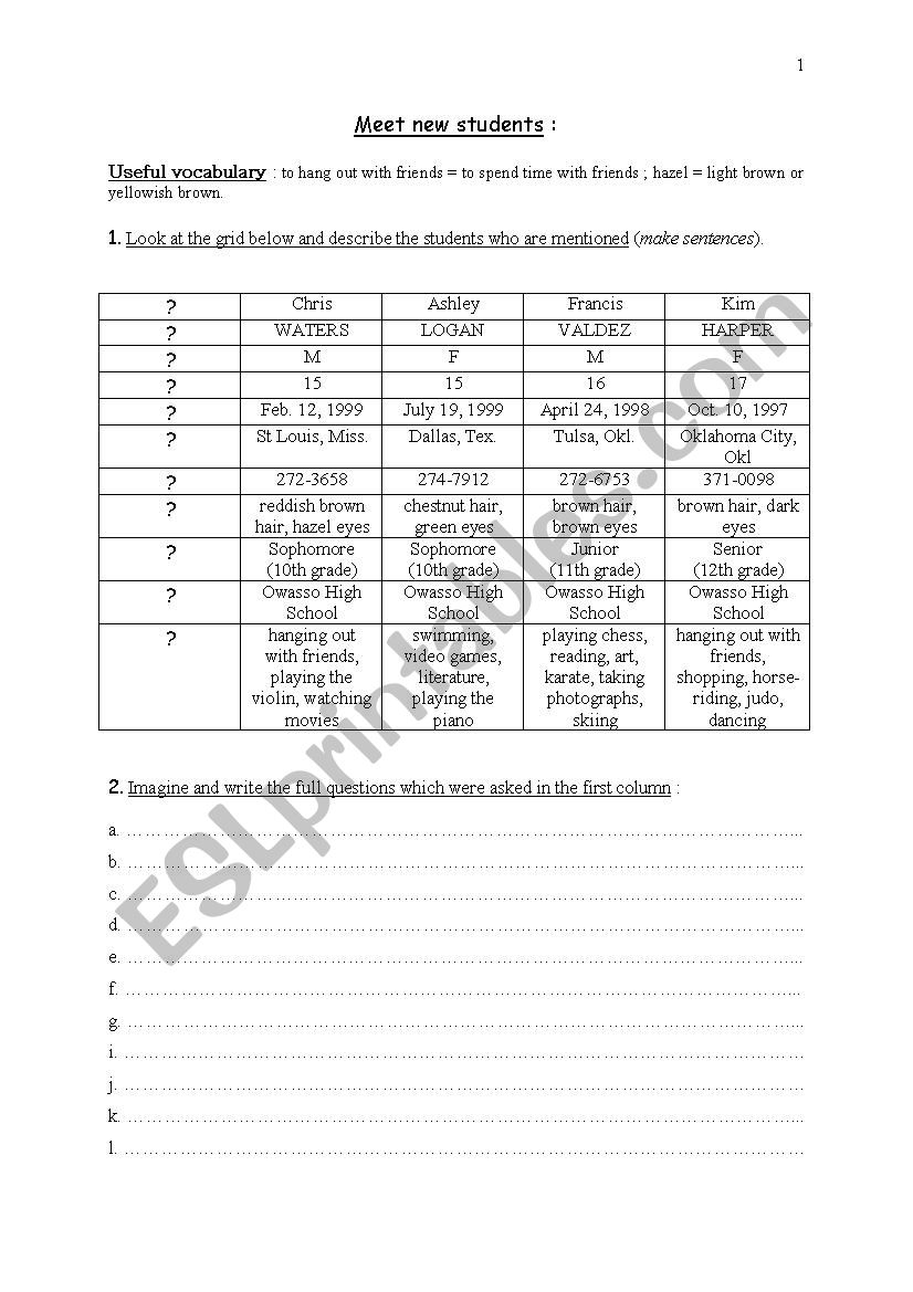 Meet new students worksheet