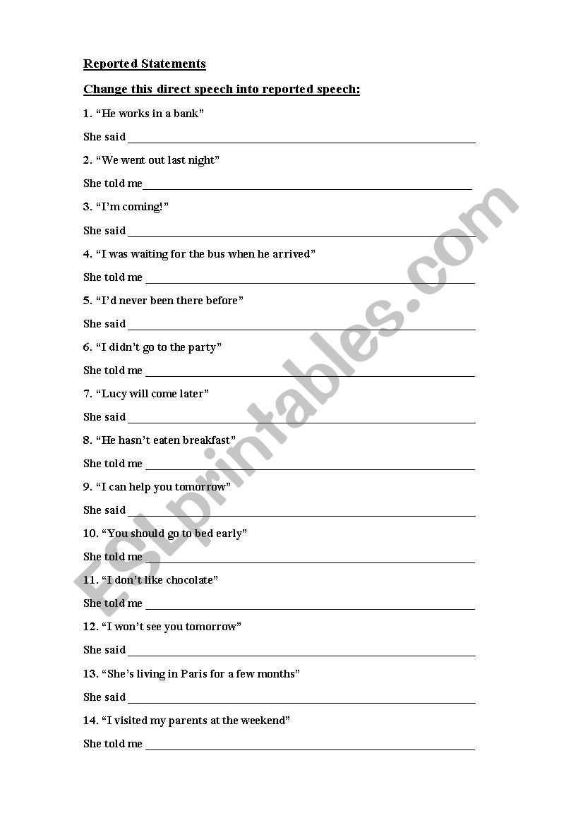 reported speech worksheet