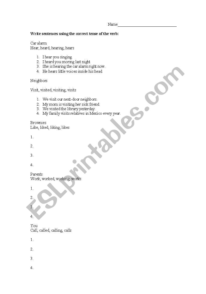 Writing Verb Tense Sentences worksheet