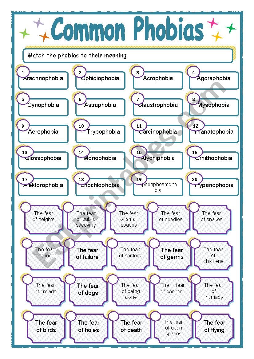 COMMON PHOBIAS with key worksheet