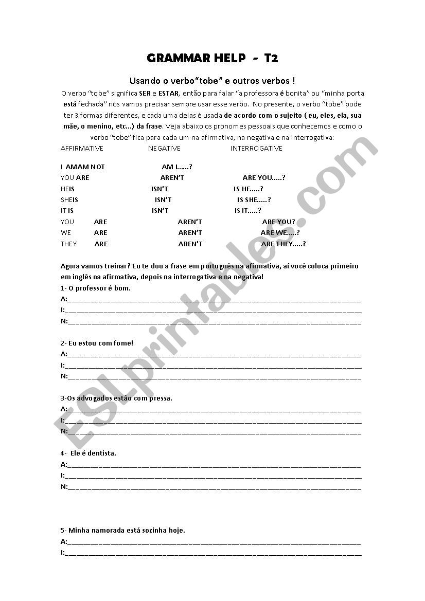 Verb to be grammar help worksheet