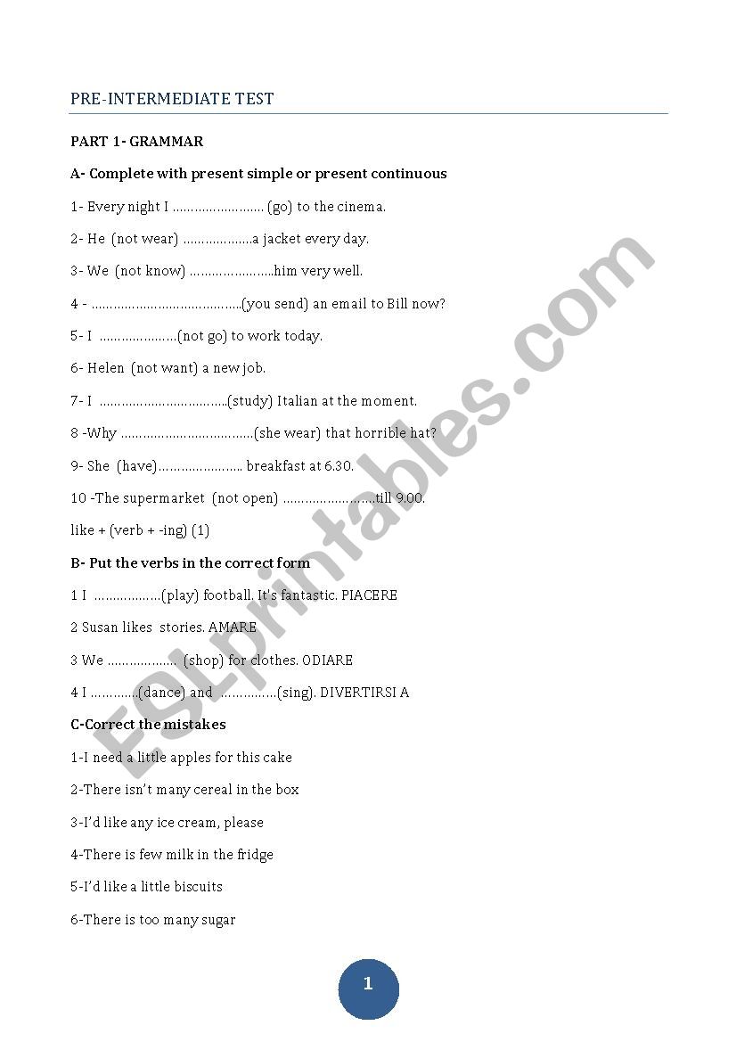 pre intermediate test  worksheet