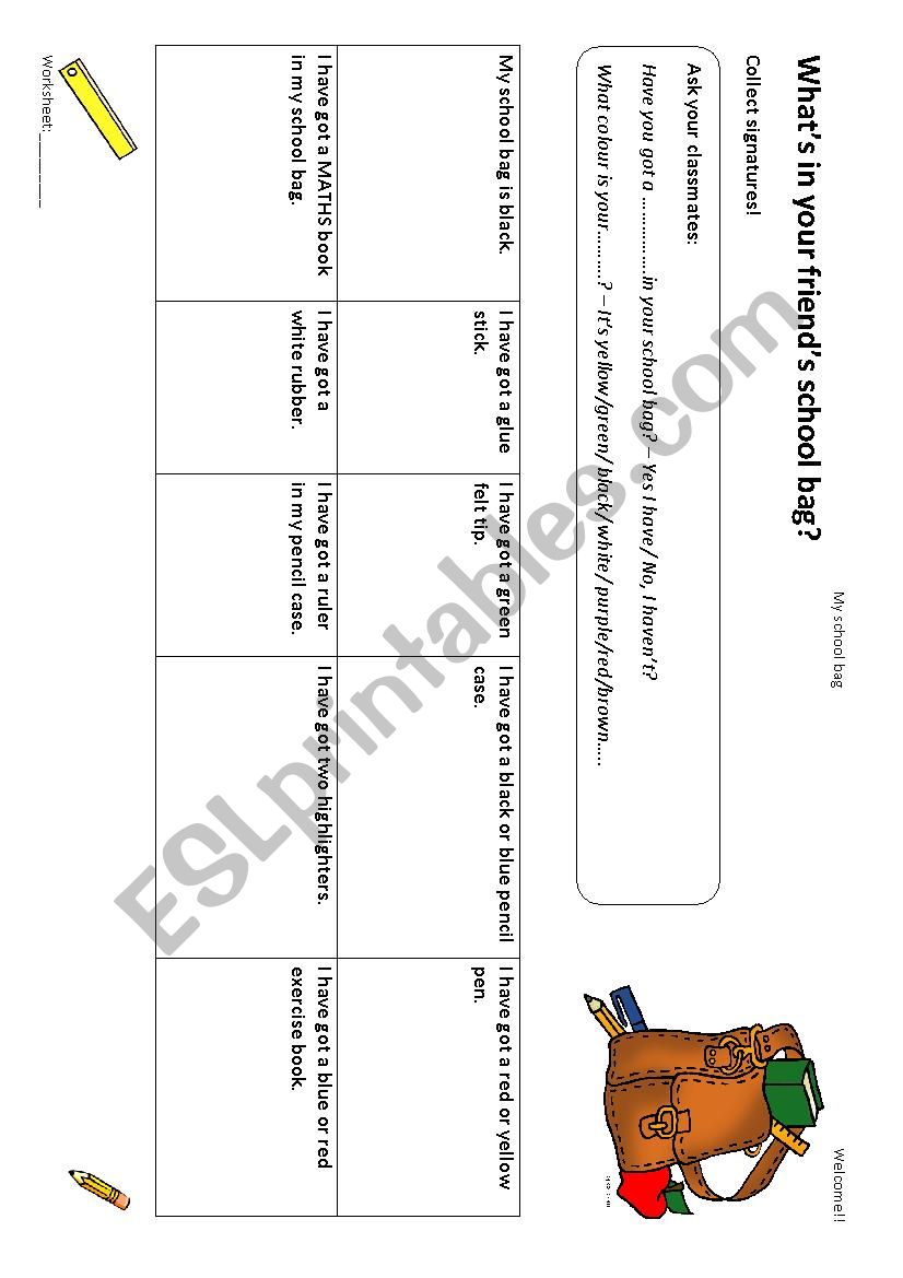 My school bag worksheet