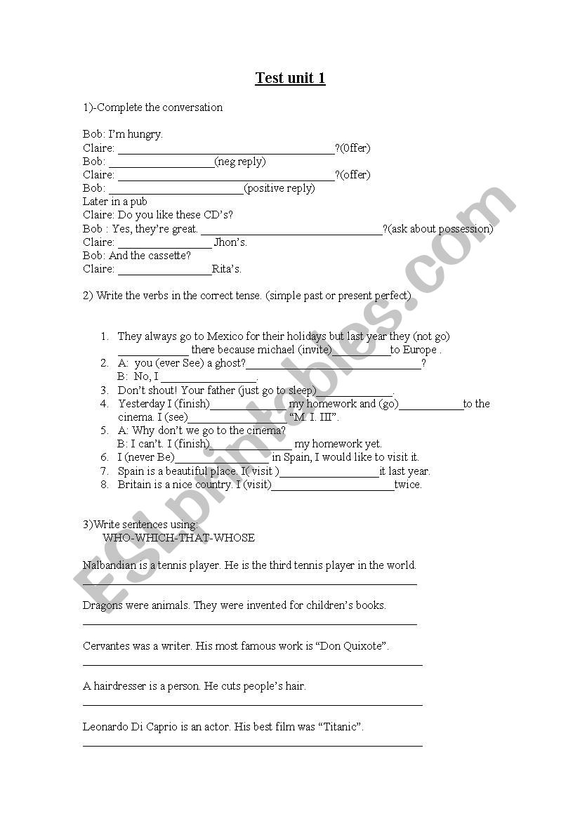 test dream team 3 unit 1 worksheet