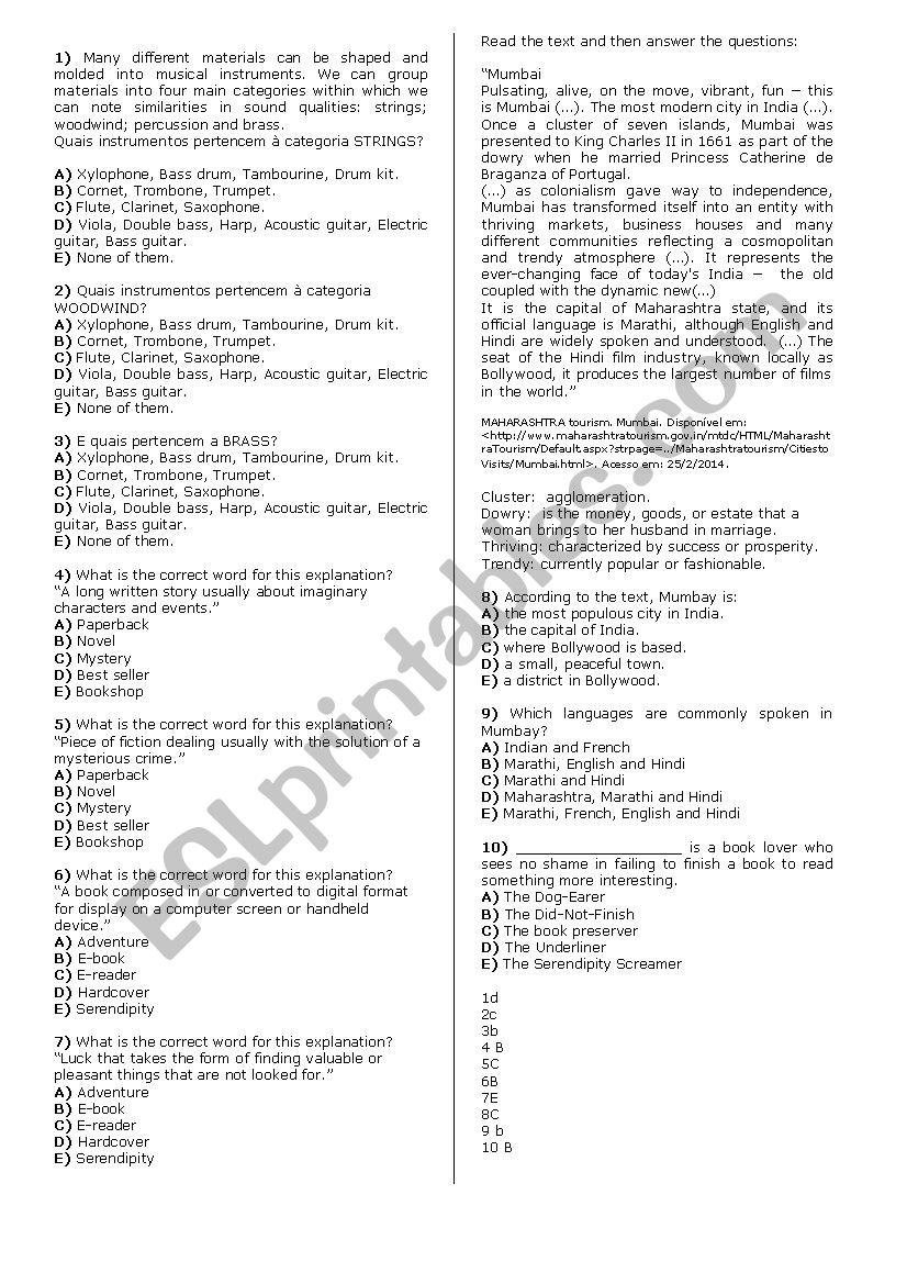 Multiple choice text II worksheet