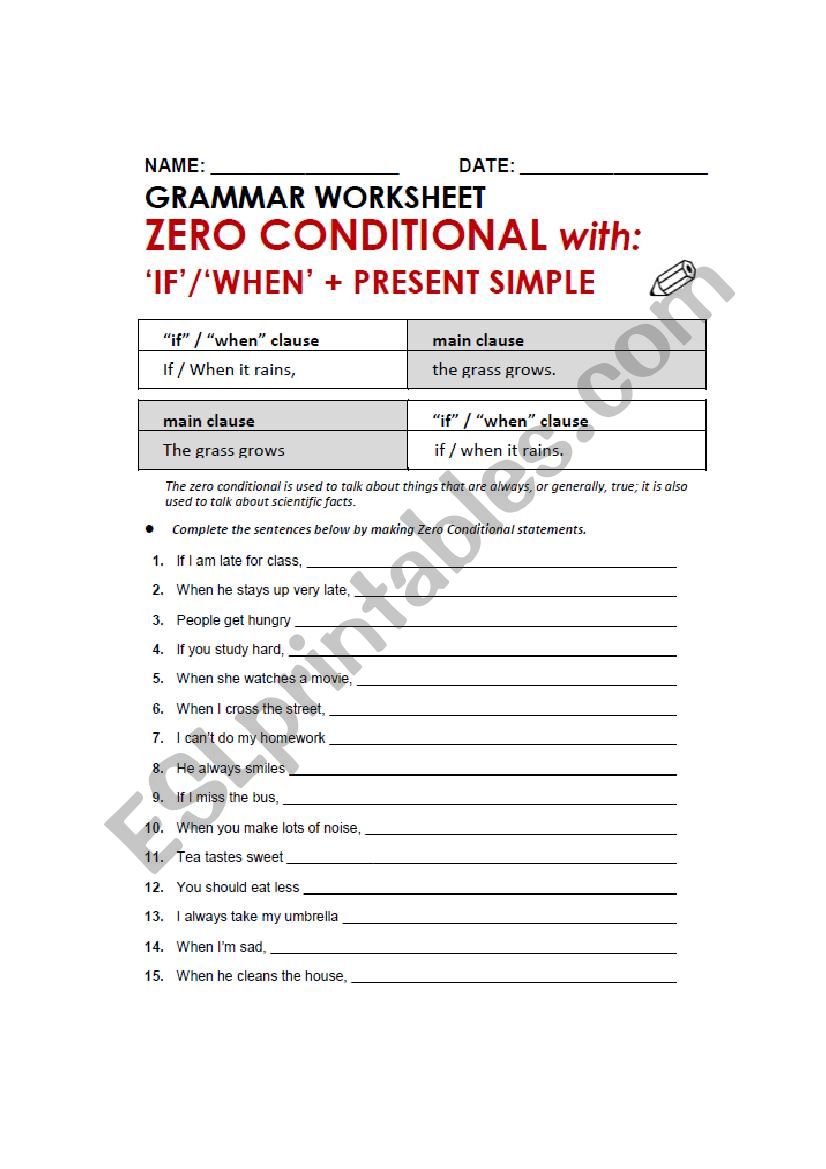 Zero conditional worksheet