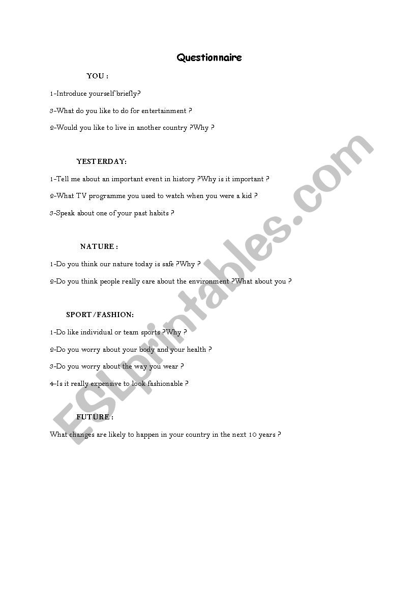 Questionnaire worksheet