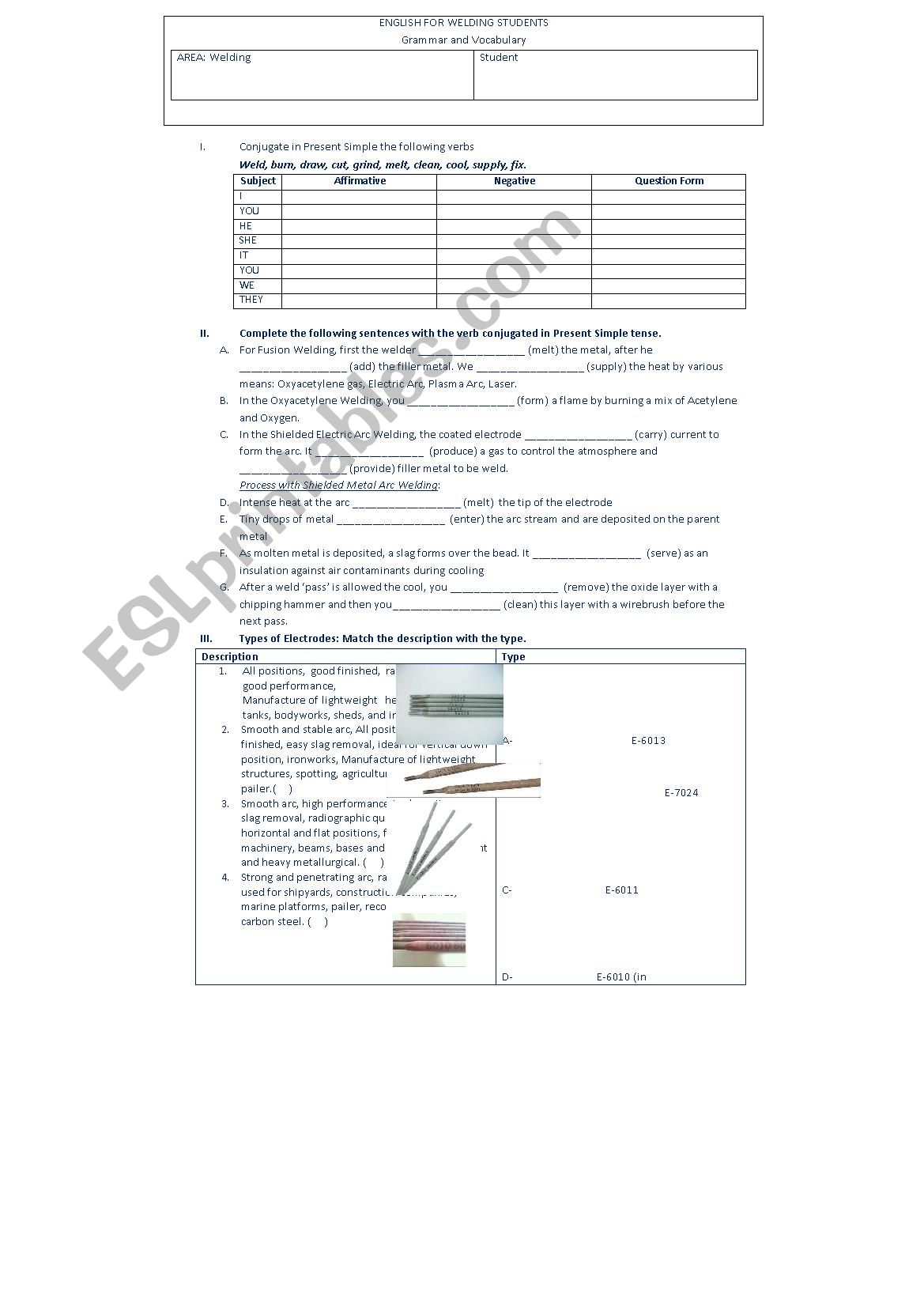 Present Simple and Welding worksheet