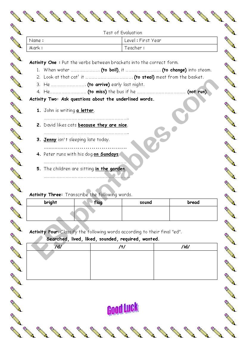 A Test of Evaluation worksheet