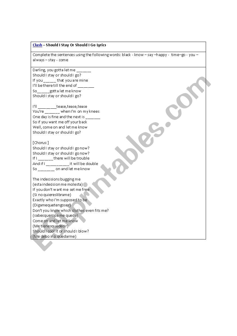 The clash - should shouldnt and fill in the blanks