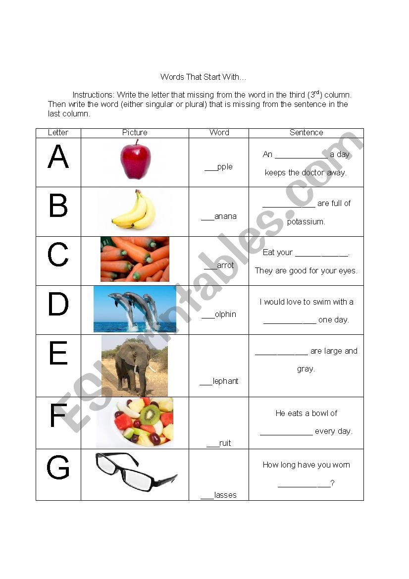 Words that Start With... worksheet