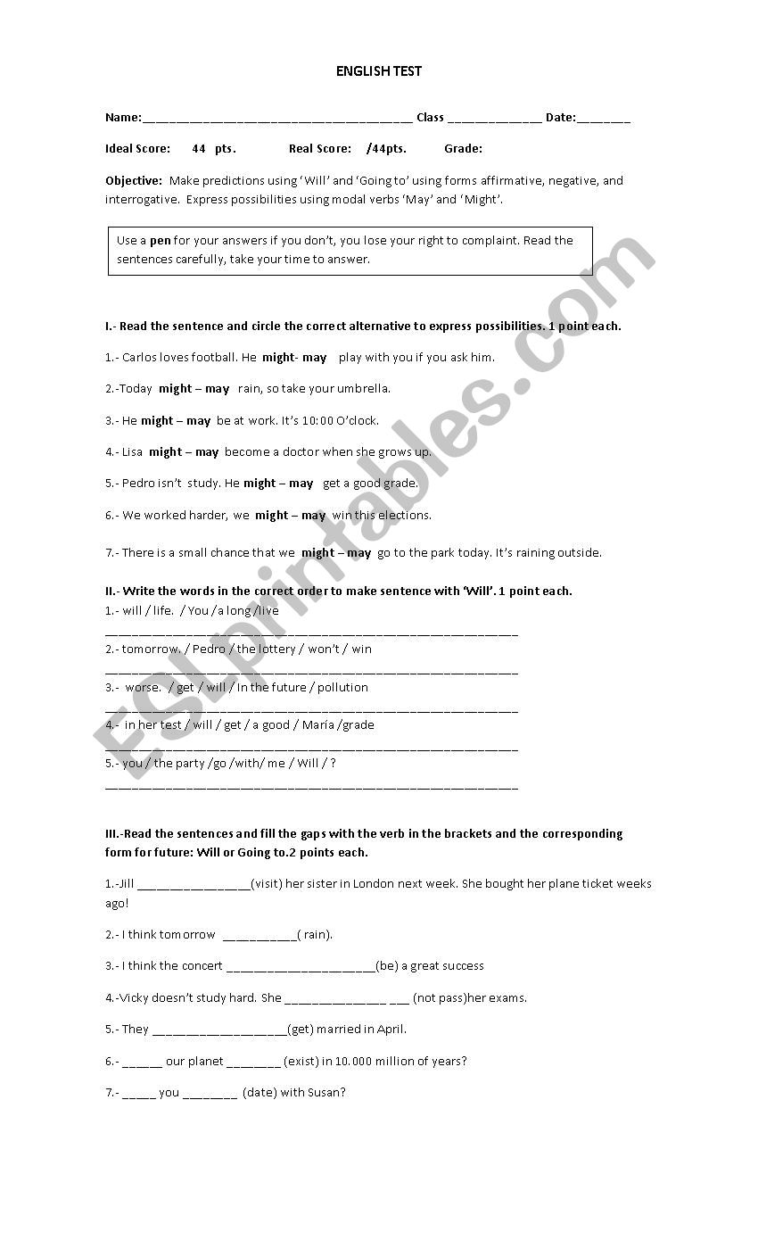 future for prediction test  worksheet