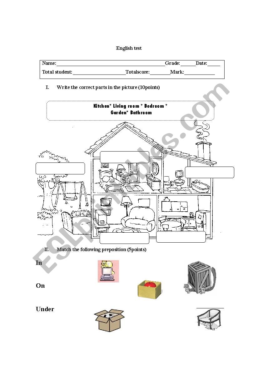 test parts of the house worksheet