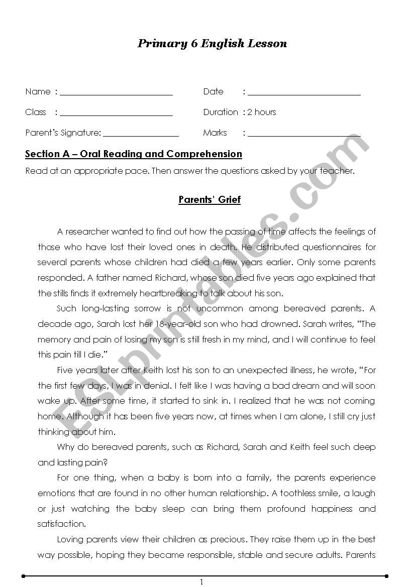 English Oral Primary 6 worksheet