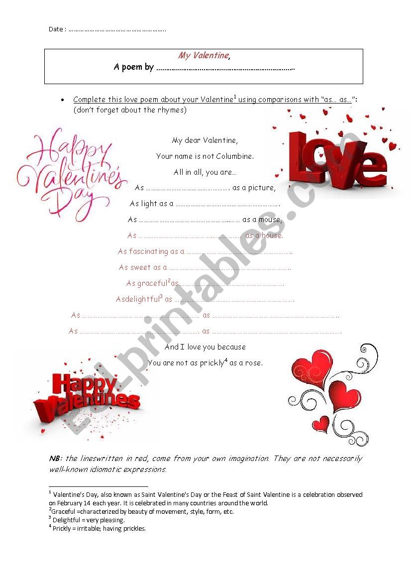 My Valentine worksheet