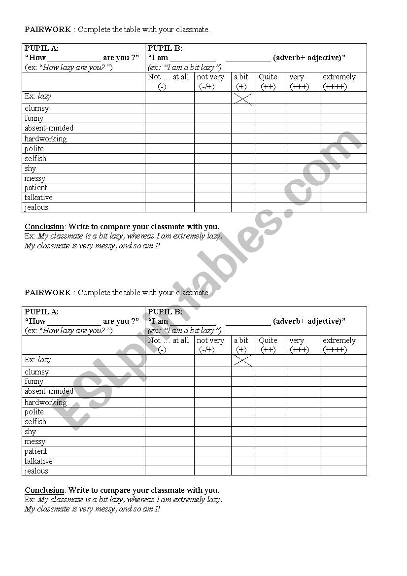 Pairwork-habits worksheet