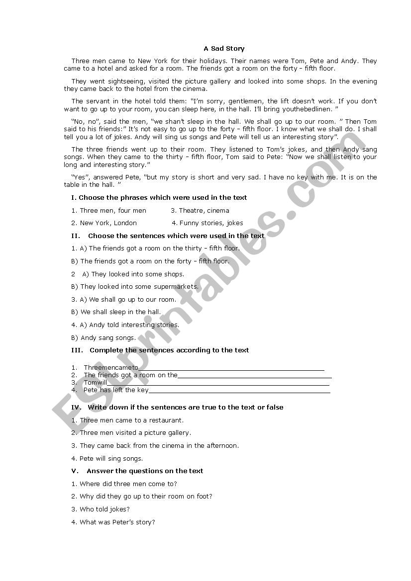 A Sad Story worksheet