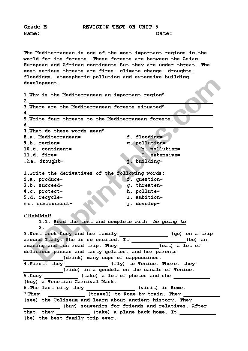 Revision test worksheet