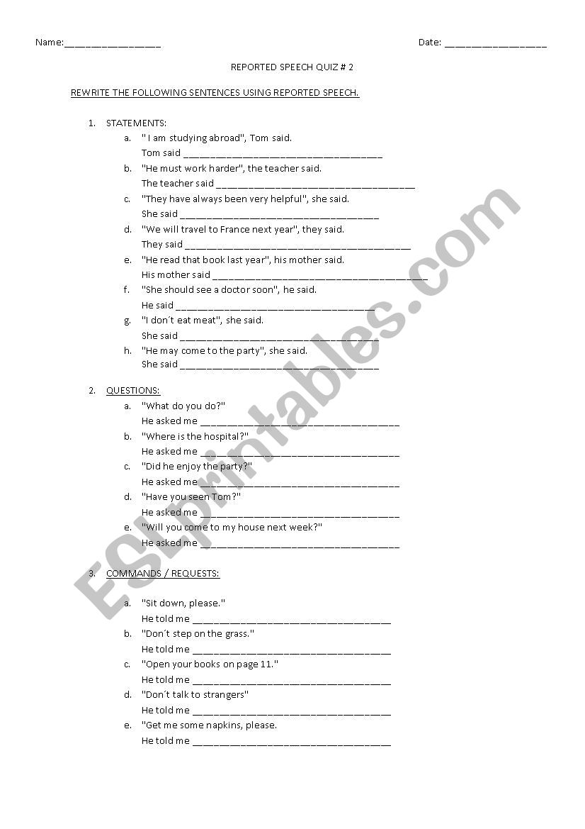 Reported Speech Quiz worksheet