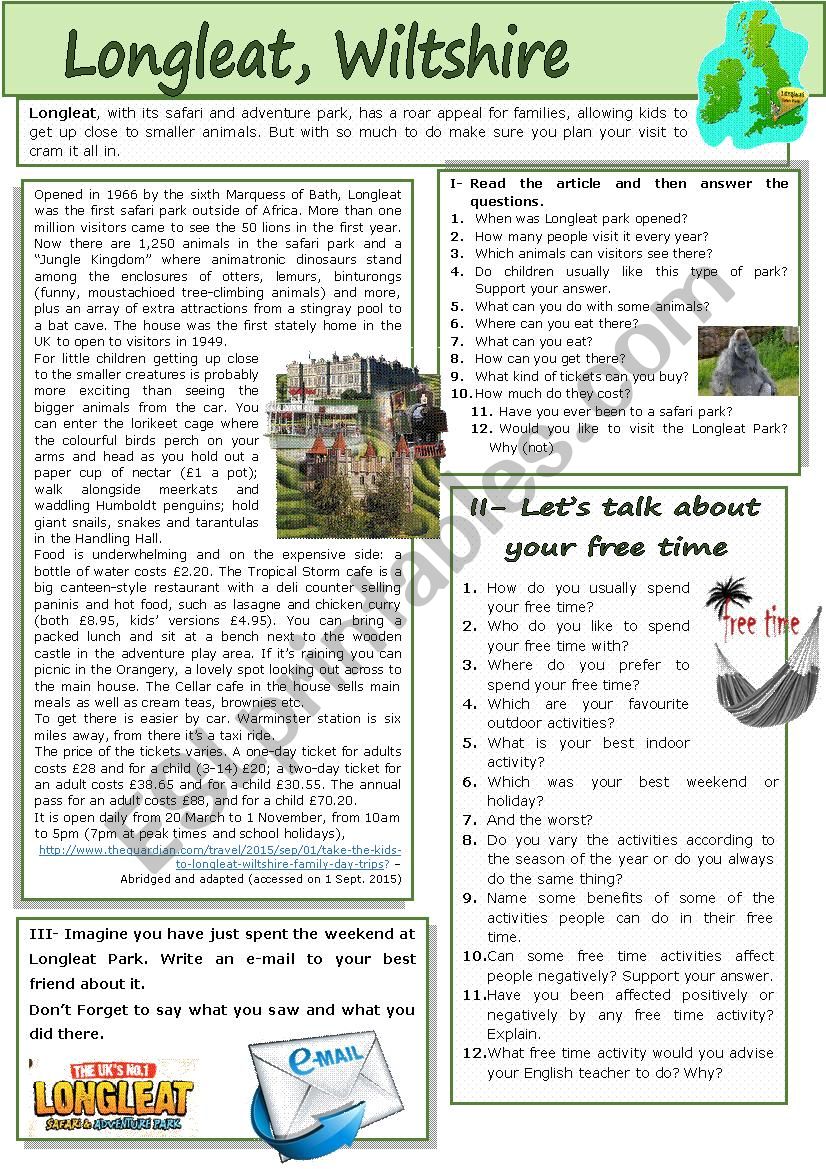 Longleat Park in Wiltshire  worksheet