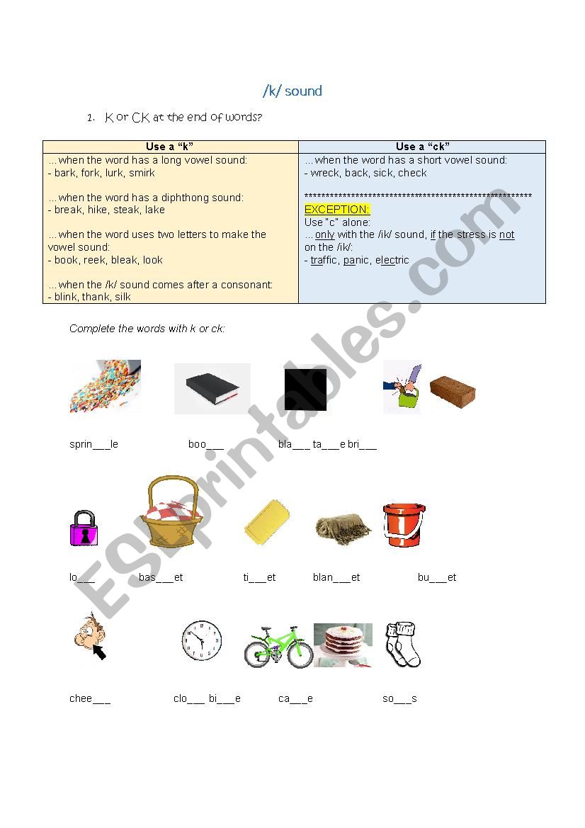 k sound: spelling worksheet