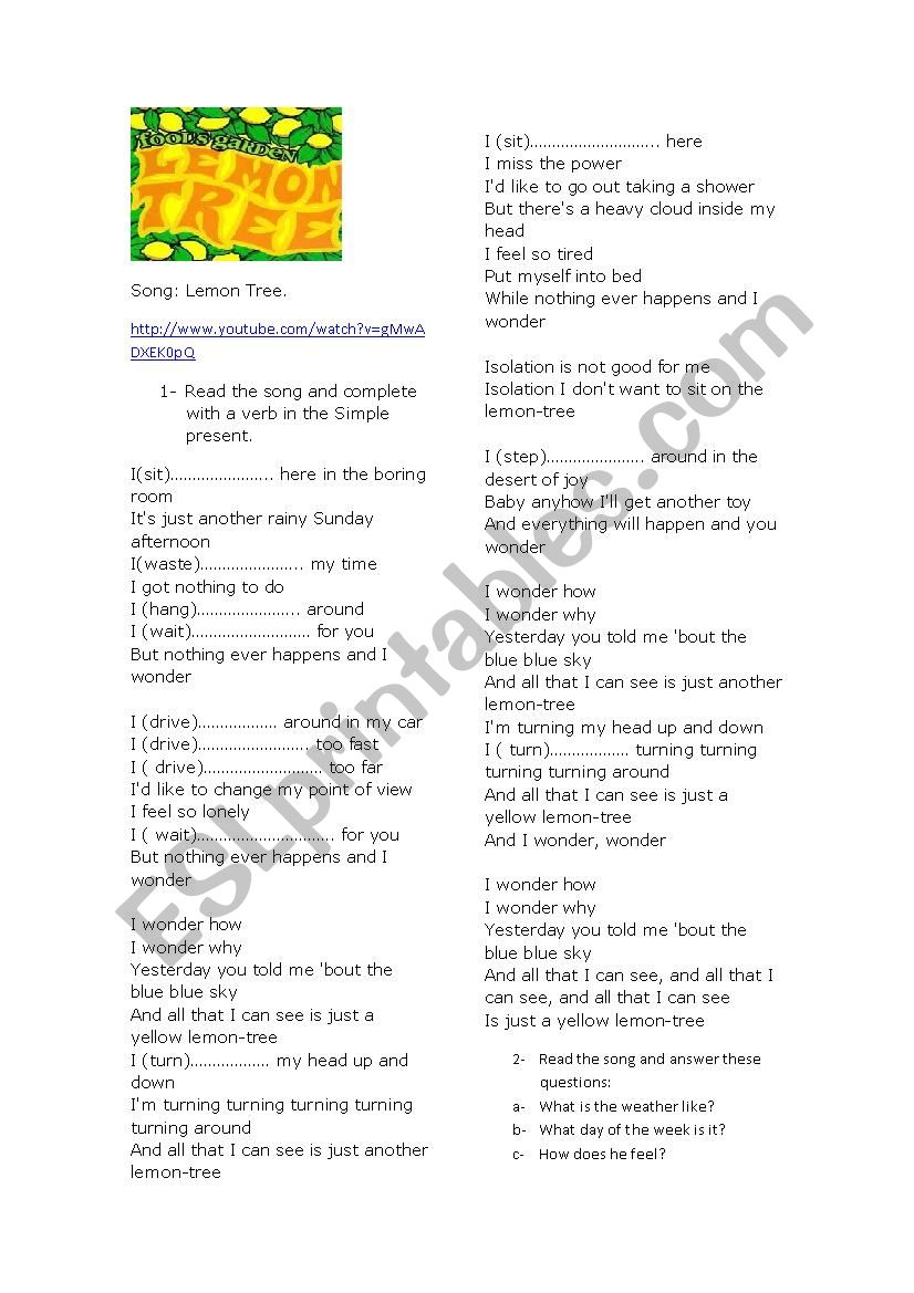 Lemon Tree song worksheet