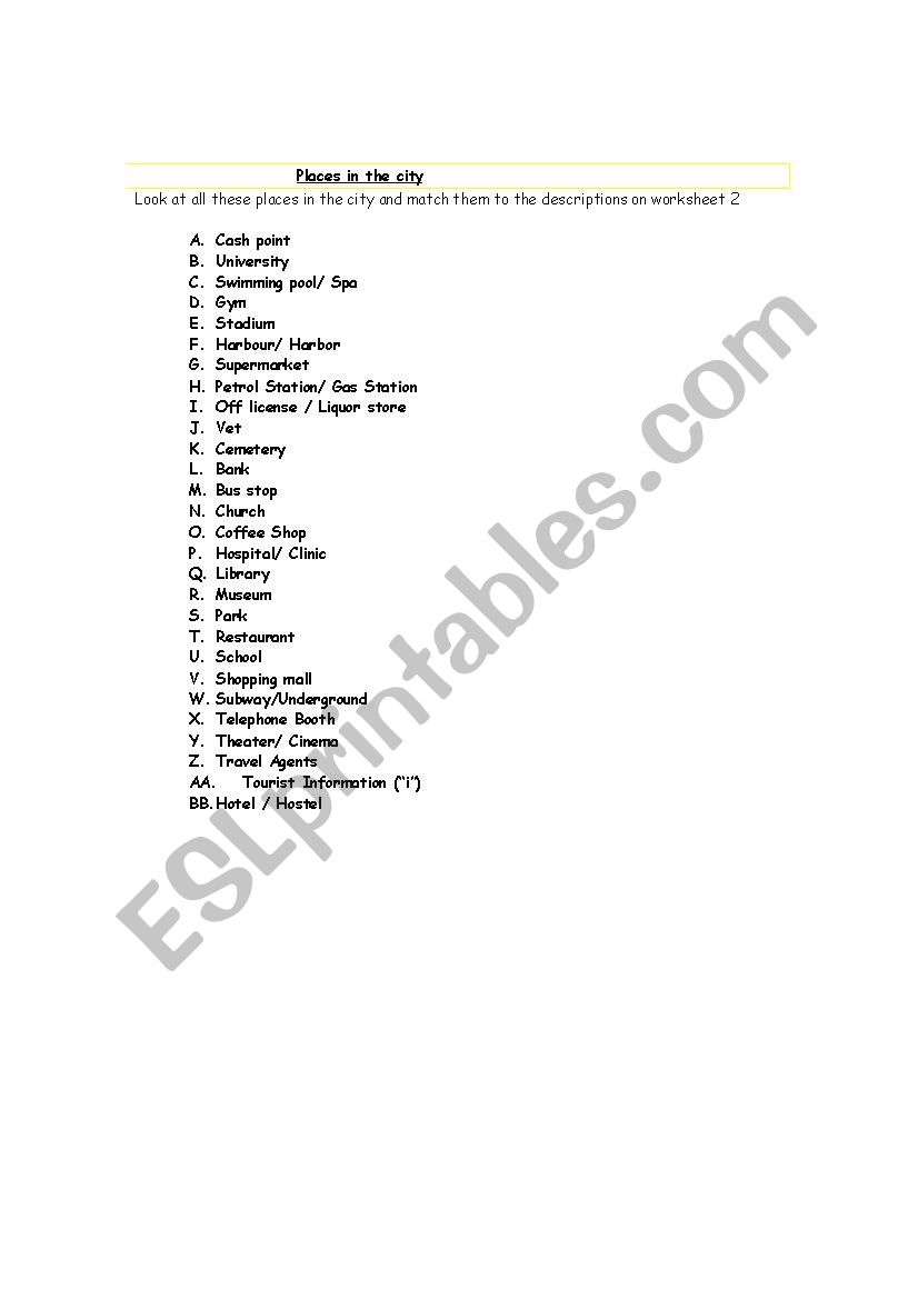 Places in the city worksheet